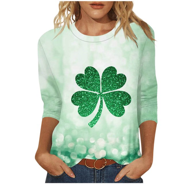 FAIWAD T-Shirts de la Saint-Patrick pour Femmes Grande Taille Manches 3/4 Imprimé Trèfle Chandail Tendance Col Rond Tops Quotidiens
