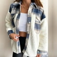 thumbnail image 2 of DDAPJ pyju Women's Fuzzy Sherpa Jacket Fleece Spliced Plaid Shirt Jackets Button Down Shacket Coat with Pockets Blue XL, 2 of 7