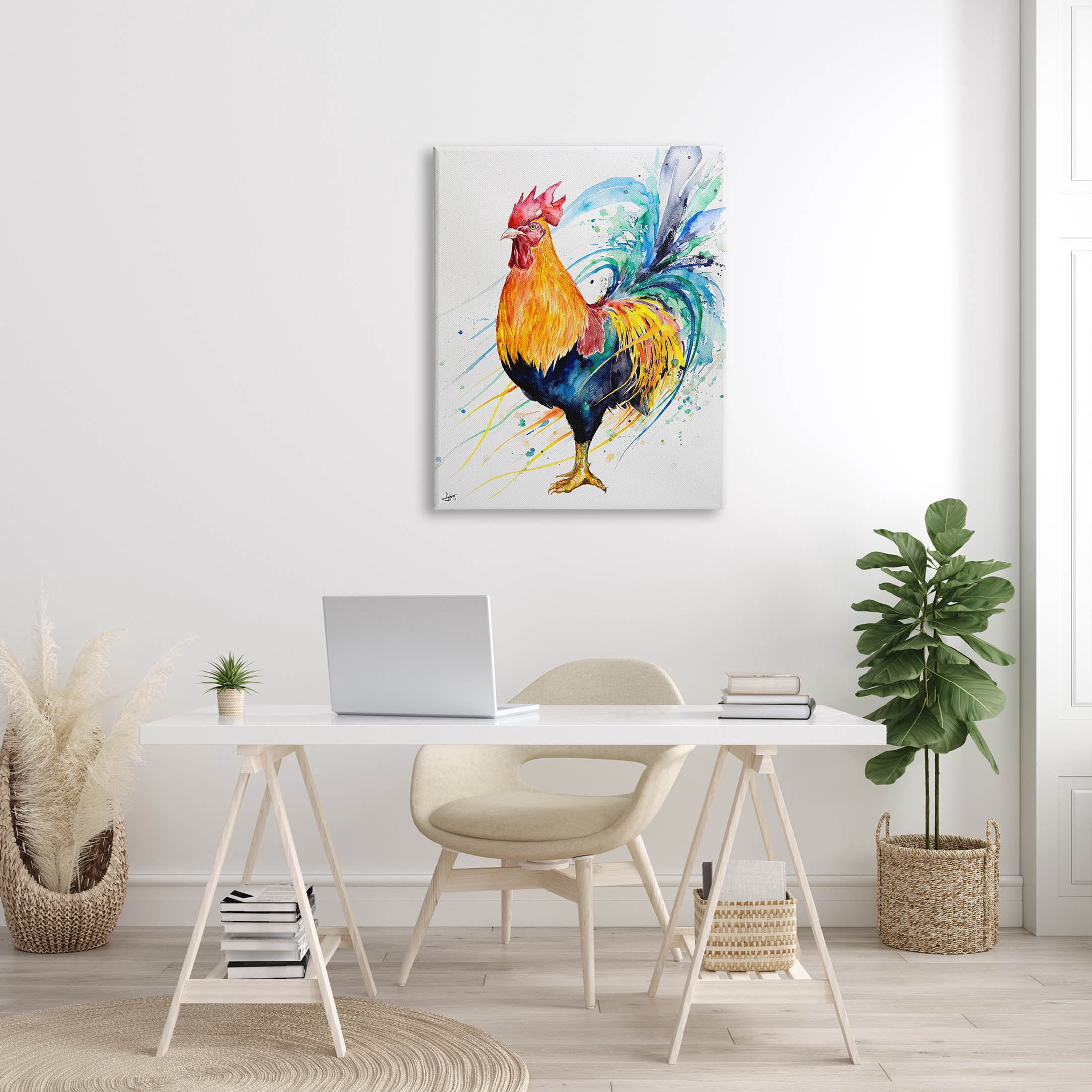 Modern Rooster Rainbow Splatter Animals & Insects Graphic Art Gallery Wrapped Canvas Print Wall Art