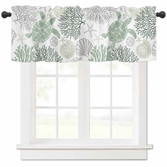 Sage Green Coastal Turtle Valances for Windows Farmhouse Kitchen Curtains Valances Rod Pocket Valance Curtains for Kitchen Windows Ocean Coral Nautical Window Valances for Bathroom Bedroom 42"x18"