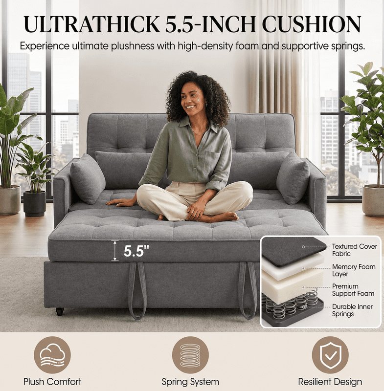 3-in-1 Convertible Sofa Bed with USB Charging Ports, Pull-Out Sleeper Sofa with Adjustable Backrest and Side Pocket, Compact Loveseat Couch for Living Room, Apartment, Dorm