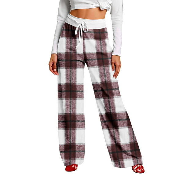 Women Winter Soild Color Pants Full Length Long Trousers Sports Pants with Plaid Print and Drawstring for Comfortable and Chic Look,Wine,S