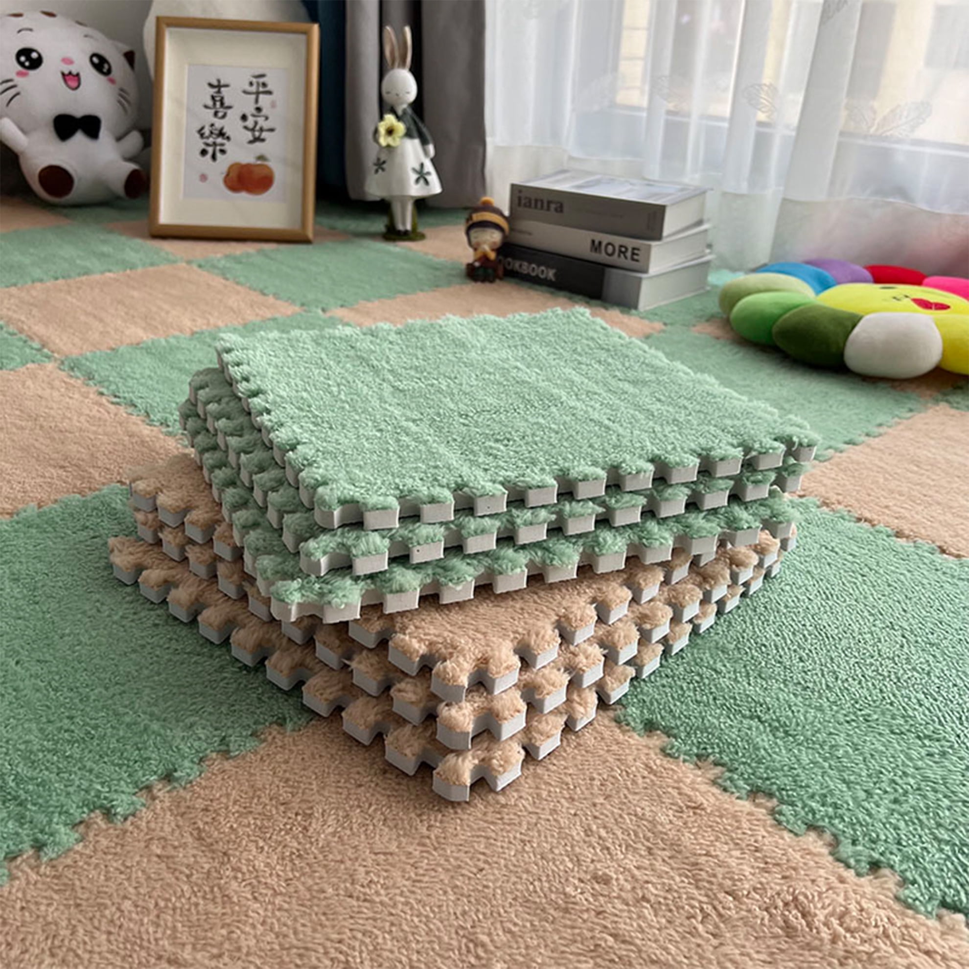Interlocking Carpet Shaggy Soft EVA Foam Mats Fluffy Square Thickened Plush Tiles Protective Floor Tiles Exercise Play Mat for Children Kids Room Home Parlor Bedroom (Mint Green, 12 Pcs)