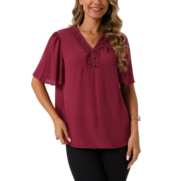 INSPIRE CHIC Women's Dressy Chiffon Blouses V Neck Casual Tops Summer Short Sleeve Tunic Shirts S Red