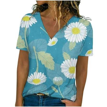 

Blouses for Women Women Casual V-Neck Short Sleeve Printed Pullover Blouse T-shirt Tops Loose Corset Tops for Women Sky Blue XXL