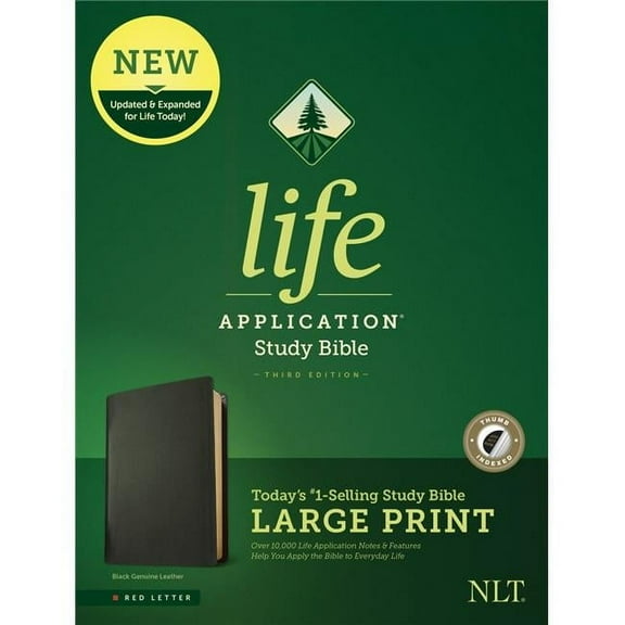 Tyndale House Publishers 159665 NLT Life Application Study Bible & Large Print Third Edition RL, Black Genuine Leather Indexed