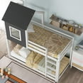 thumbnail image 3 of Twin over Twin Low Bunk Bed, Loft House Bed with Roof, Front Window, Ladder, Fence-shaped Guard Rail, Pine Floor Bunk Bed for Kids, Bedroom, Apartments, No Box Spring Needed, 3 of 8