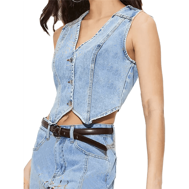 Chaleco Vaquero Sin Mangas con Cuello en V para Mujer, Chaleco Vaquero con Botones y Corte en la Parte Superior. Azul XS