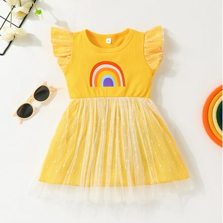 

Hunpta Toddler Girls Fly Sleeve Dresses Kids Rainbow Printed Tulle Princess Dress