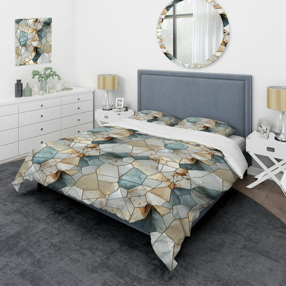 Designart "Harmonious Teal And Grey Marble Essence" Marble Bedding Covert Set - Glam Bed Set With 2 Shams