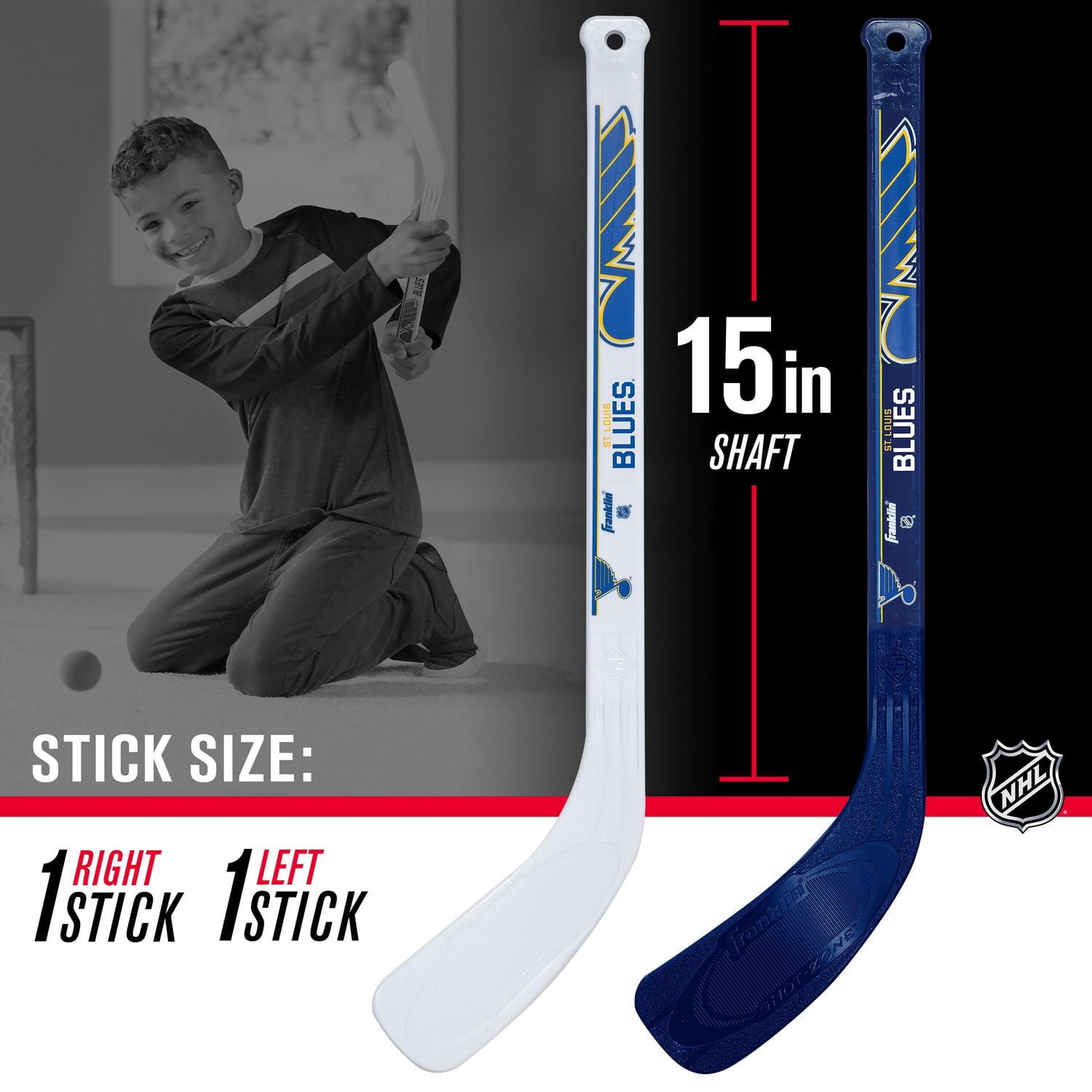 Franklin Sports NHL Blues Mini Hockey Set - Kids Indoor Knee Hockey Goal, Ball, 2 Mini Hockey Stick Combo Set