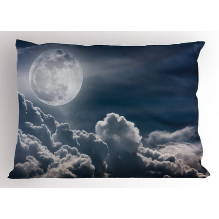 Night Sky Pillow Sham Celestial Photo Big Full Moon And Fluffy