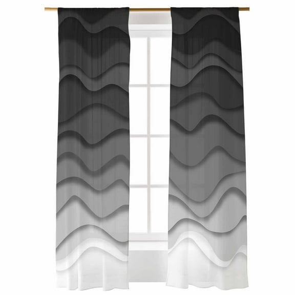 Sheer Curtains 96 inches Long, Abstract Black White Gradient Ocean Waves Light Filtering Sheer Window Curtains Rod Pocket Voile Drapes for Bedroom Living Room, 52"W x 96"L 2 Panels