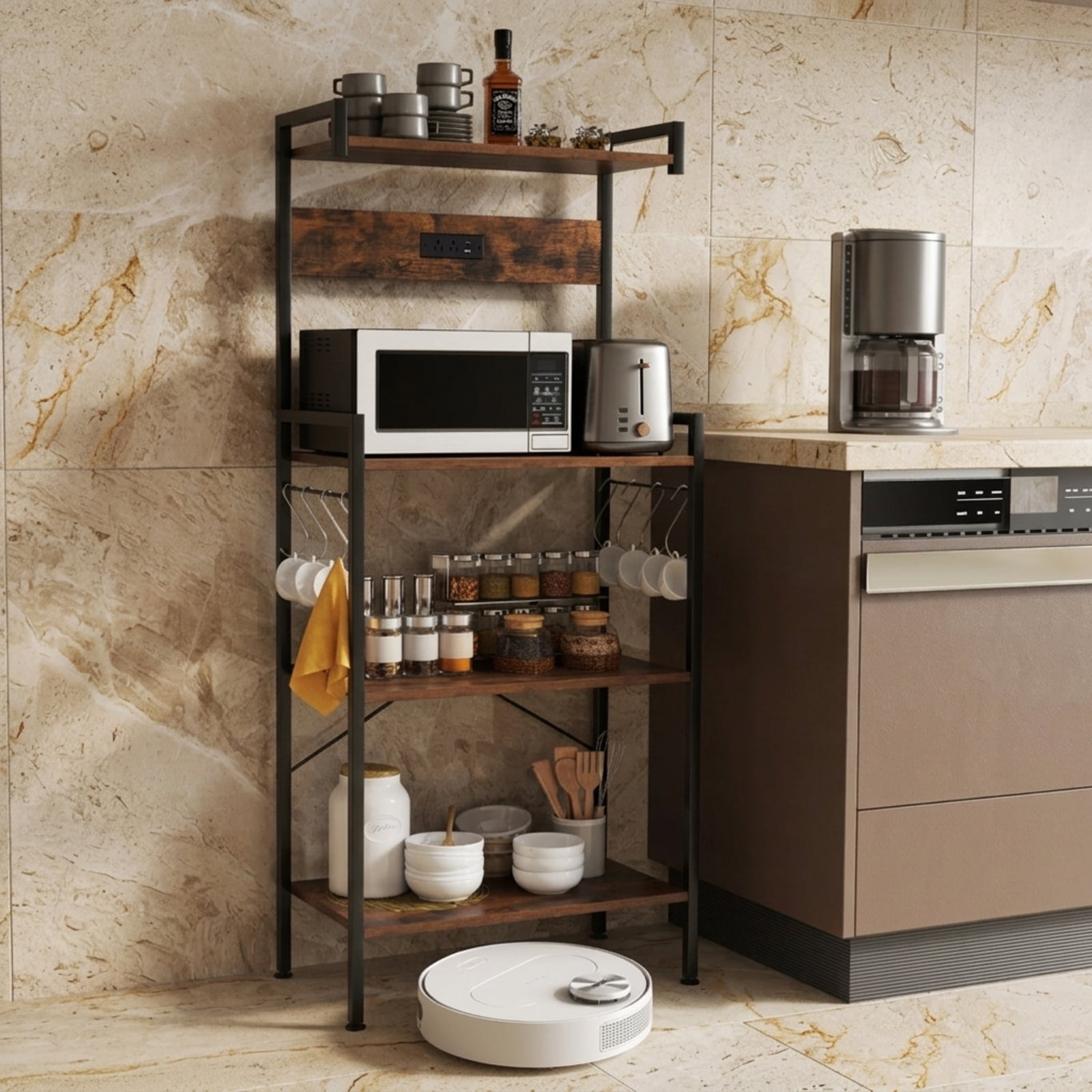 RUIE 4-Tier Kitchen Baker's Rack with Power Outlet and 8 S-Hooks, Industrial Coffee Bar Storage Shelf with ETL Charging Station, Rustic Brown