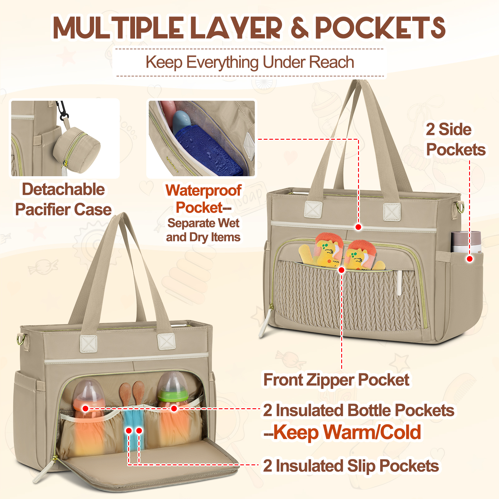 RAINSMORE Diaper Bag Tote, Large Diaper Baby Bag Waterproof Multifunctional Diaper Bag with Pacifier Case & Changing Pad