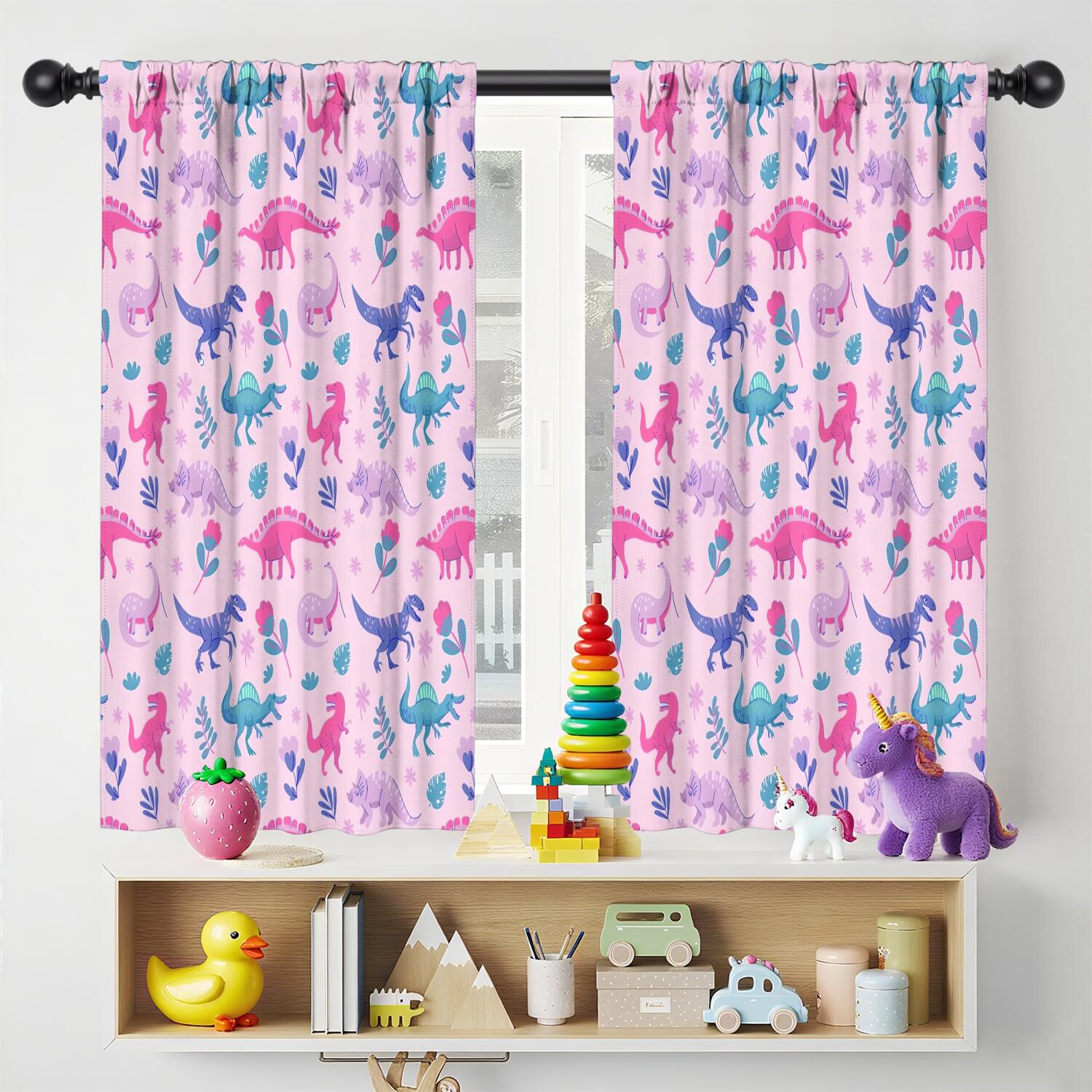 Blackout Kids Curtains,Pink Dinosaurs Flowers Leaves Pattern Childrens Insulated Curtains Set Of 2,Bedroom Essentials,Toddler Room Decor 42"x54"