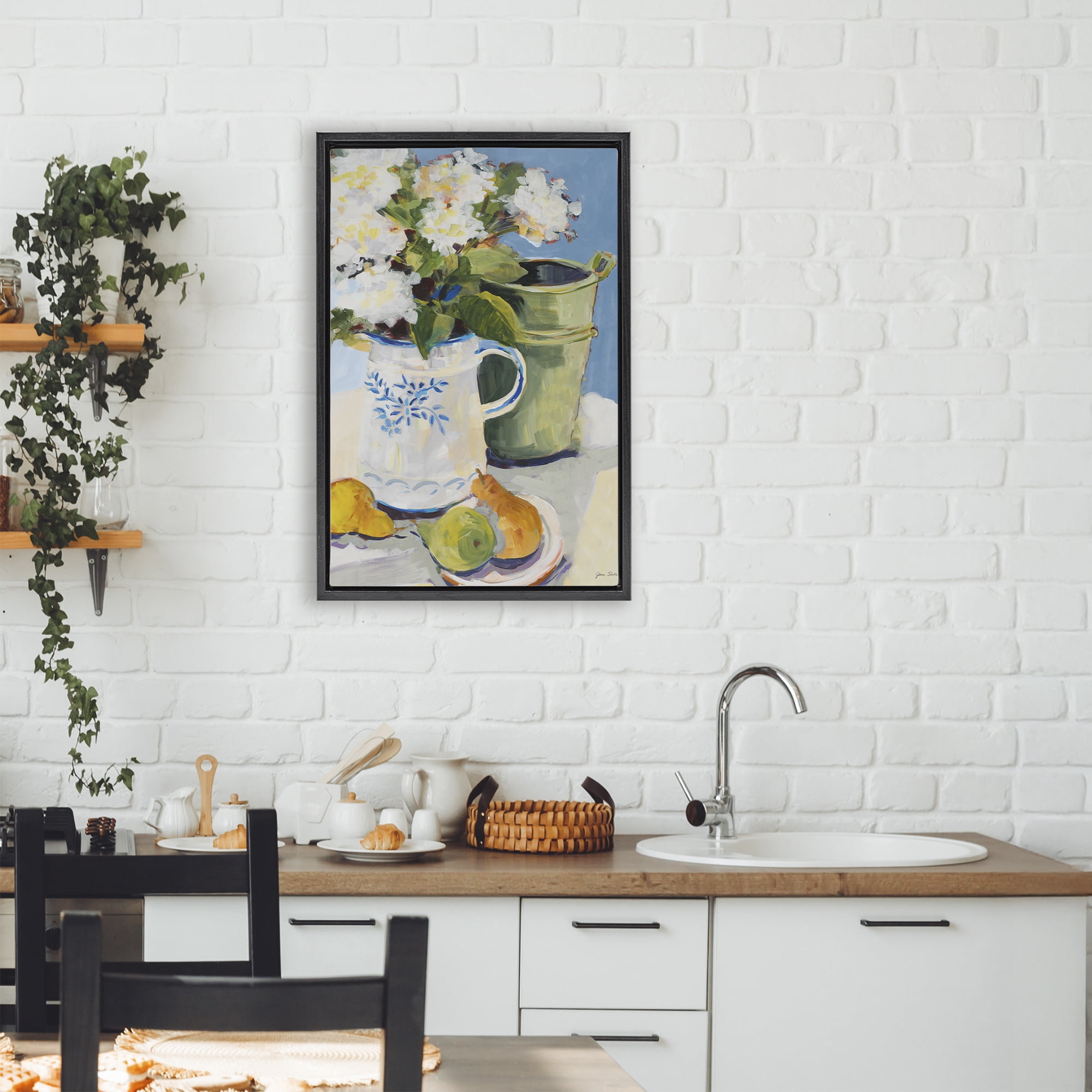 Stupell Industries Pitcher of Flowers Still Life Black Framed Floater Canvas Wall Art, design by Jane Slivka