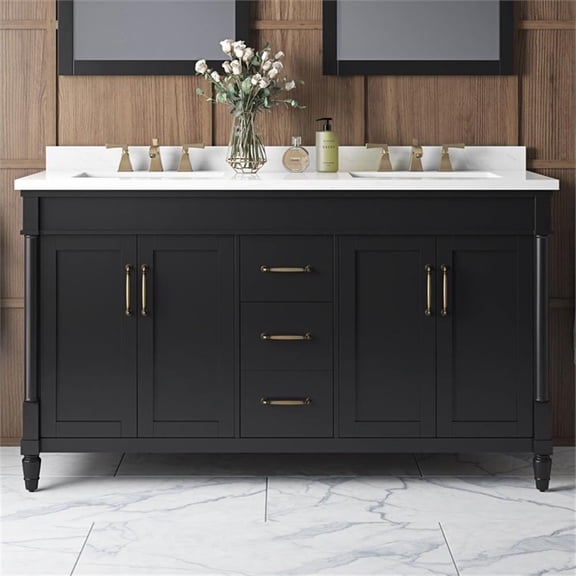 Pemberly Row 60" Double Bathroom Vanity in Impress Black with White Countertop