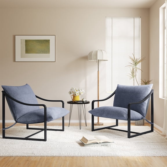 Modern Comfort Sling Accent Chair – Upholstered Armchair with Sturdy Metal Frame, 280 lbs – Living Room Bedroom – Beige/Grey/Navy – Set of 2/Single