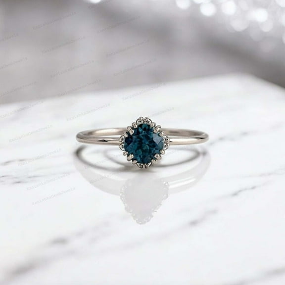 KANISHKAGEMS&JEWELS 5MM / 2Ct Vintage Montana Sapphire Engagement Ring Round Shape Blue Green Sapphire Women Jewelry Happy Holiday Gift Ring