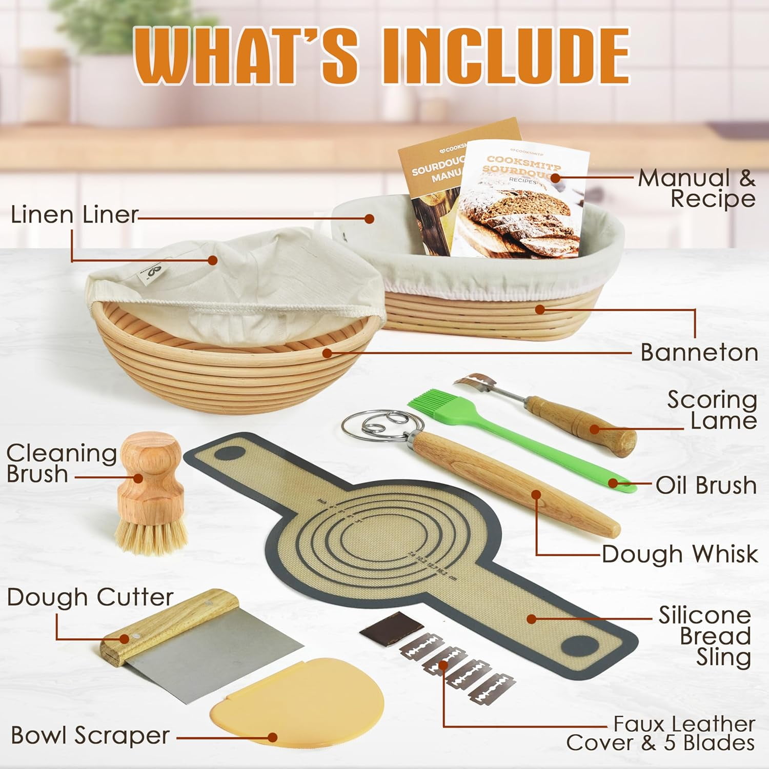 COOKSMITP Bread Proofing Basket Set, 9" Round & 10" Oval, A Complete Sourdough Starter Kit with Bread Sling, Brush, Bread Lame, Dough Whisk, Bowl Scraper, Dough Scraper - Sourdough Tools and Supplies