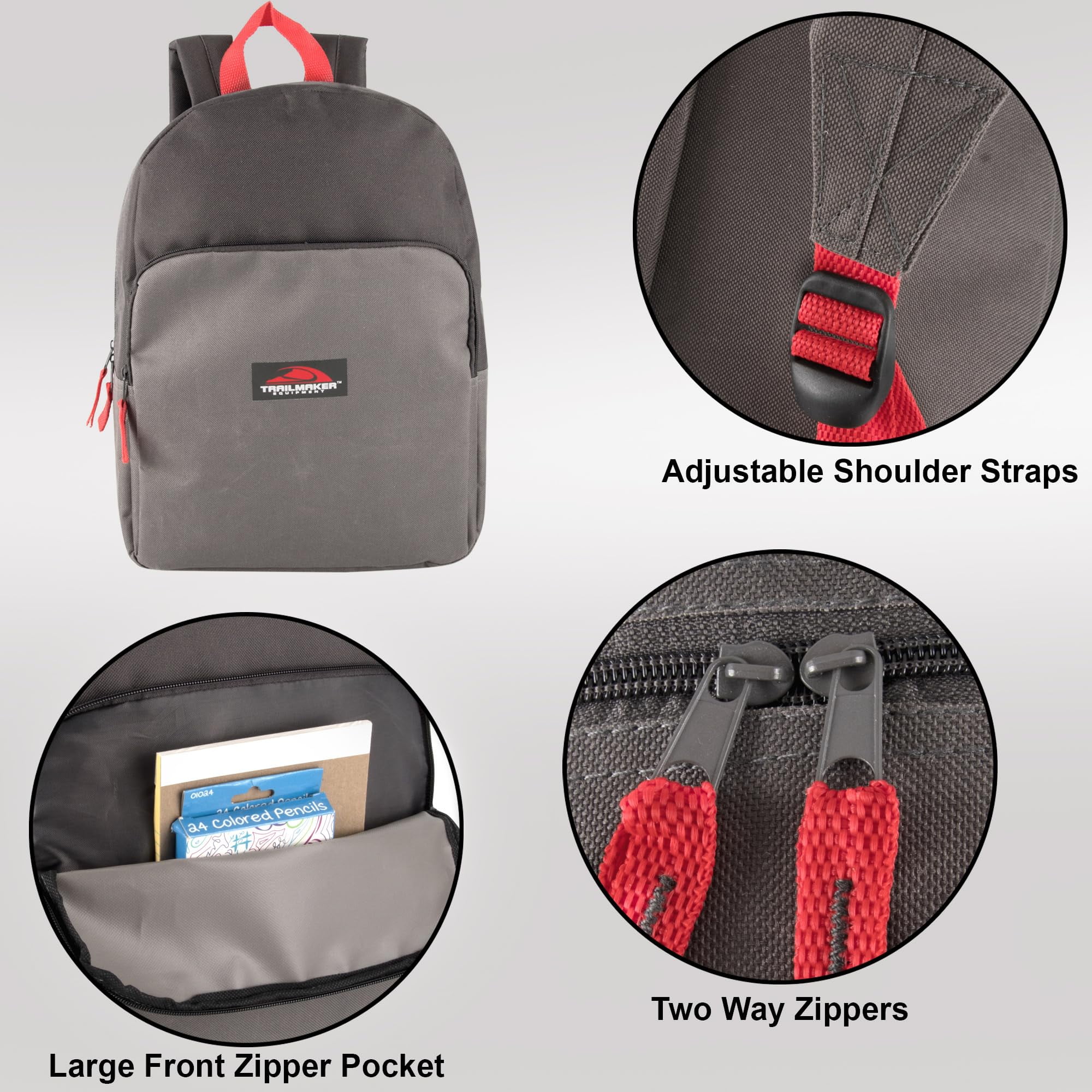 15 Inch Classic Solid Color Backpack with Front Zippered Pocket for Commuting and Travel in Gray & Charcoal