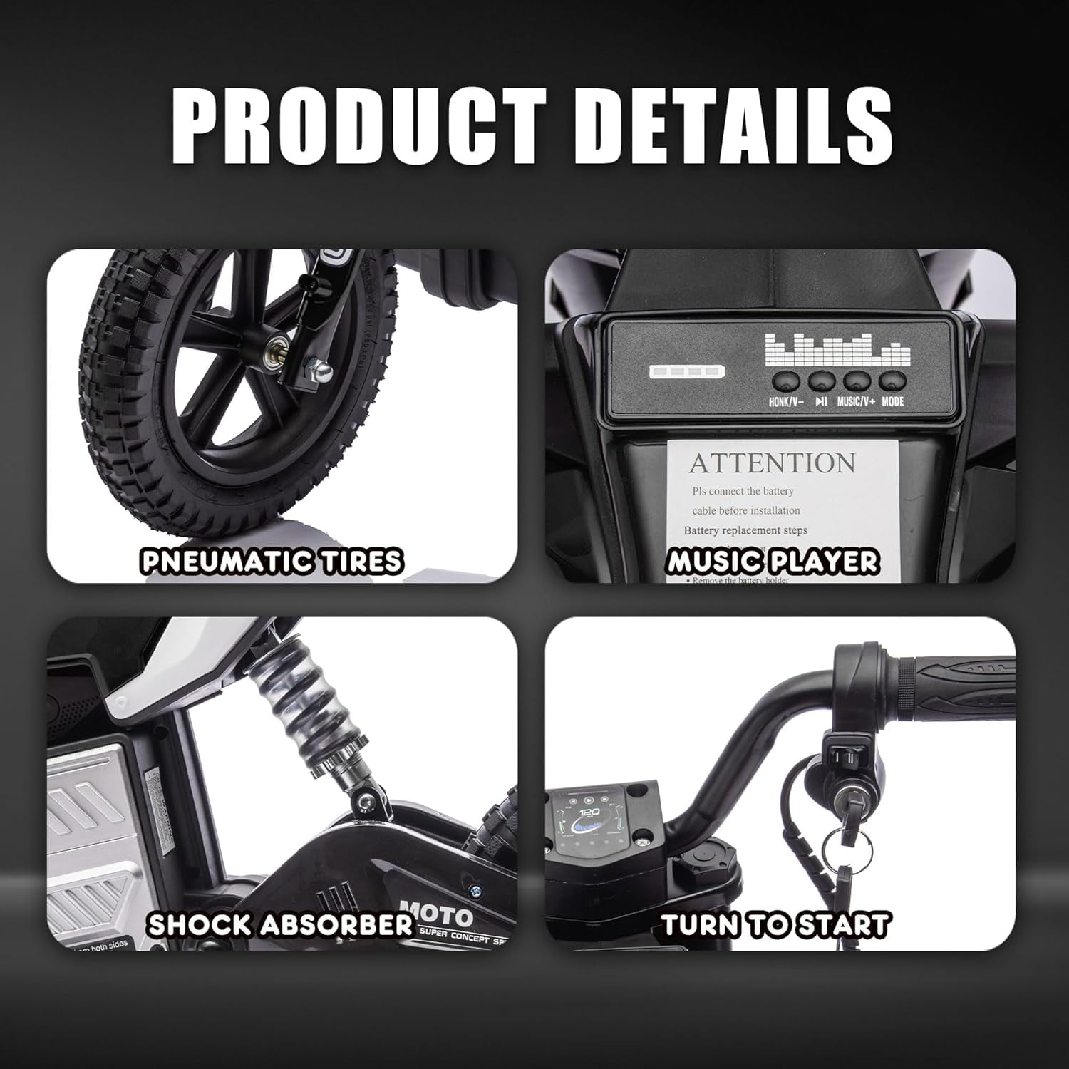 ThunderBolt 24V Electric Dirt Bike Ride-On Motorcycle for Kids 5-15, 200W Motor, 3-9MPH Adjustable Speed, LED Lights, Shock Absorber,Bluetooth