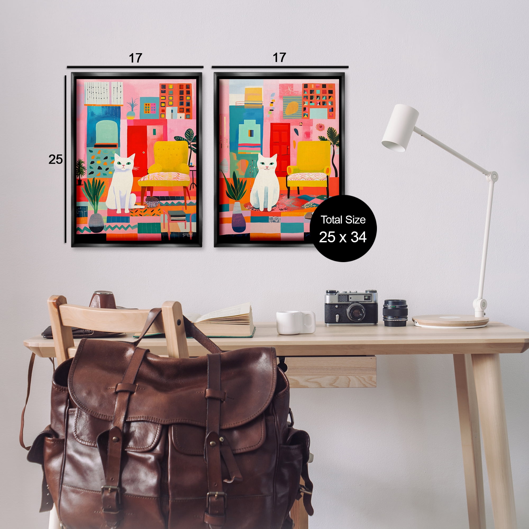 Stupell Industries Bright Room Sitting Cat Furniture Painting Black Floater Framed Canvas Art Print Wall Art, 17 x 25, Set of 2