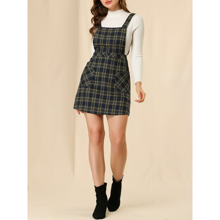 Allegra K Women's Plaid Tartan Button Decor A-Line Pinafore Overall Dress  Navy Blue Small