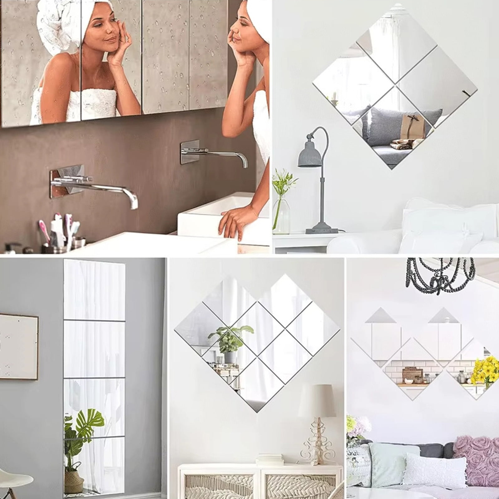 12-Pack Flexible Mirror Sheets - Self-Adhesive Cuttable Non-Glass Mirror Tiles, Safe Reflective Wall Stickers for Home DIY Wall Decor