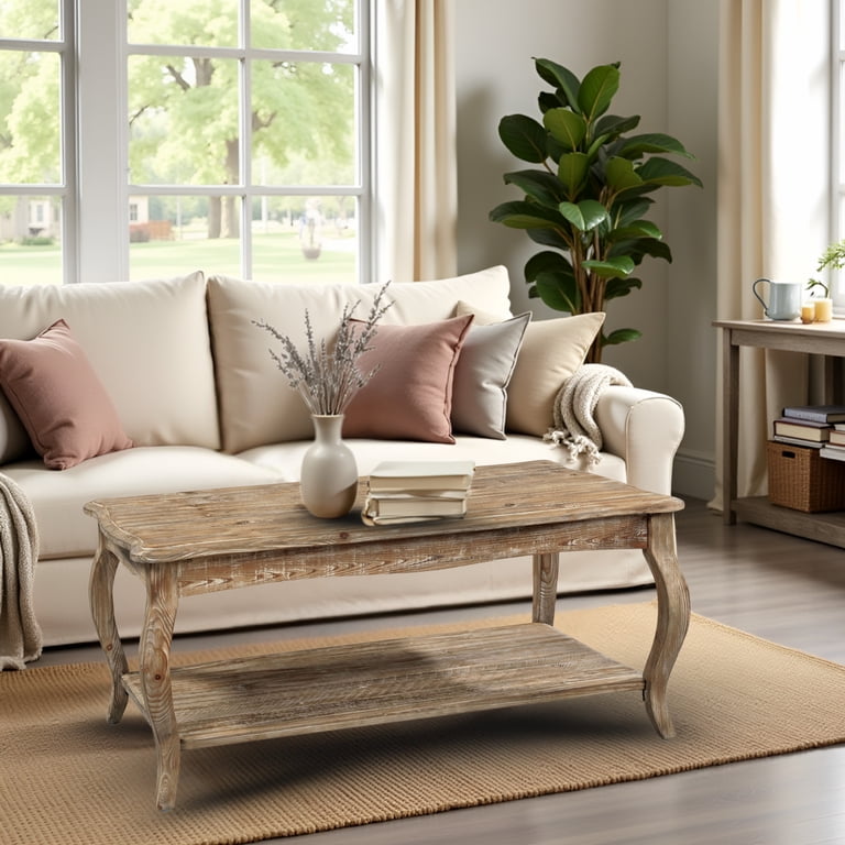 Rustic Coffee Table with Open Shelf, Driftwood Natural Finish