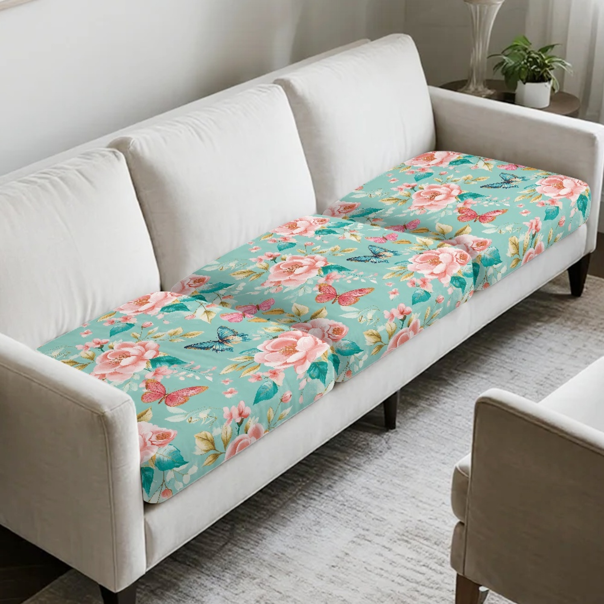 TSOVTHRID Butterfly Cherry Blossom Print Couch Cushion Covers, Washable Cushion Slipcover for Loveseat Sofa Seat Cushions Slipcovers Couches Furniture Protector for Pets Dogs