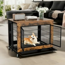 Pefilos 35" Industrial Dog Crate for Indoor Side End Table Dog Cage with Double Doors and Lift Top Heavy-Duty Pet Cages for Dogs Modern Kennel, Brown