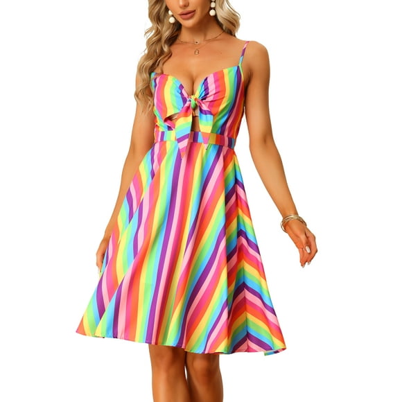 INSPIRE CHIC Women's Summer Sundress V Neck Tie Knot Front Swing Spaghetti Strap Midi Dresses L Rainbow