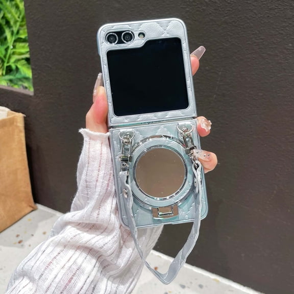 Fashion PU Leather Case for Samsung Galaxy Z Flip7, Stylish Mirror Phone Cover with Wristband Kickstand Plated Frame Shock-Absorbing Drop Protective for Women Girls, Silver