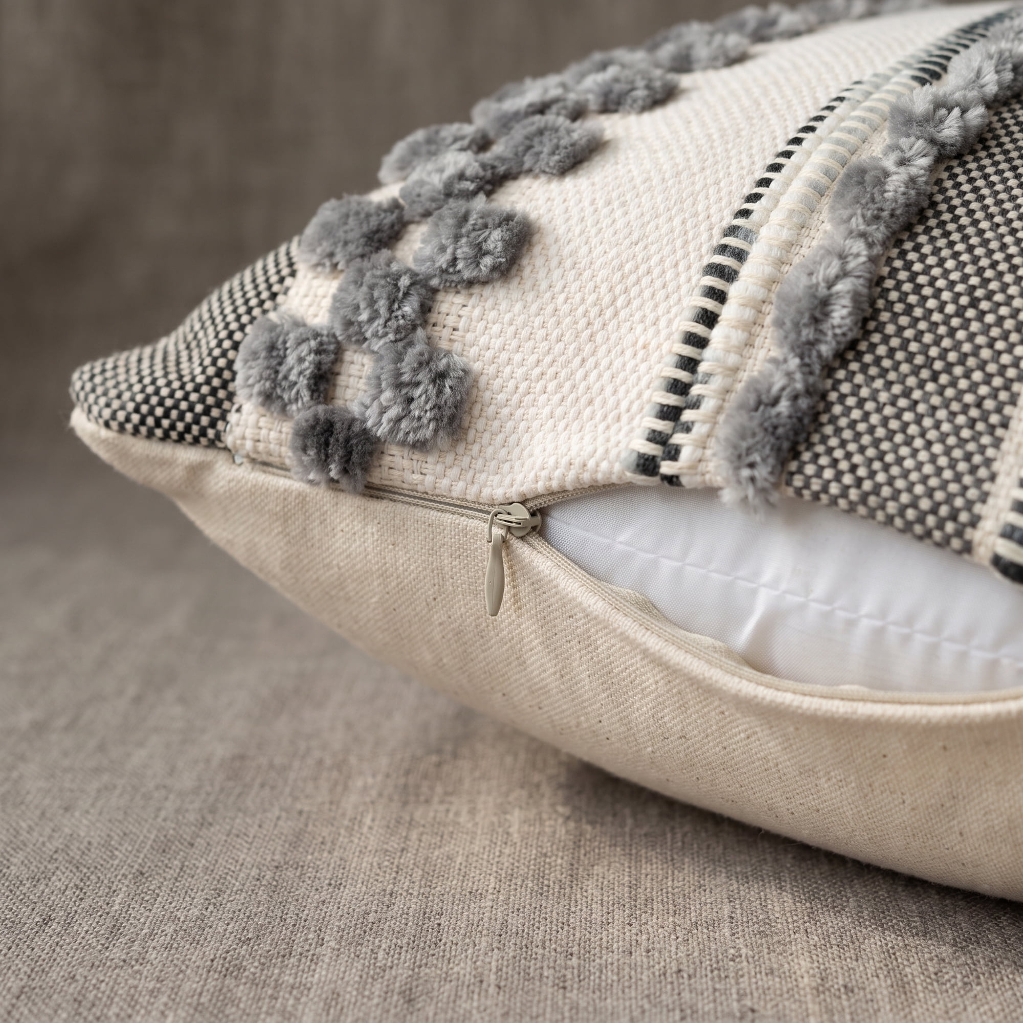 Unique Bargains 3D Chenille Tufted Throw Pillow Cover Grid Stripe Case Light Grey 18"x18"