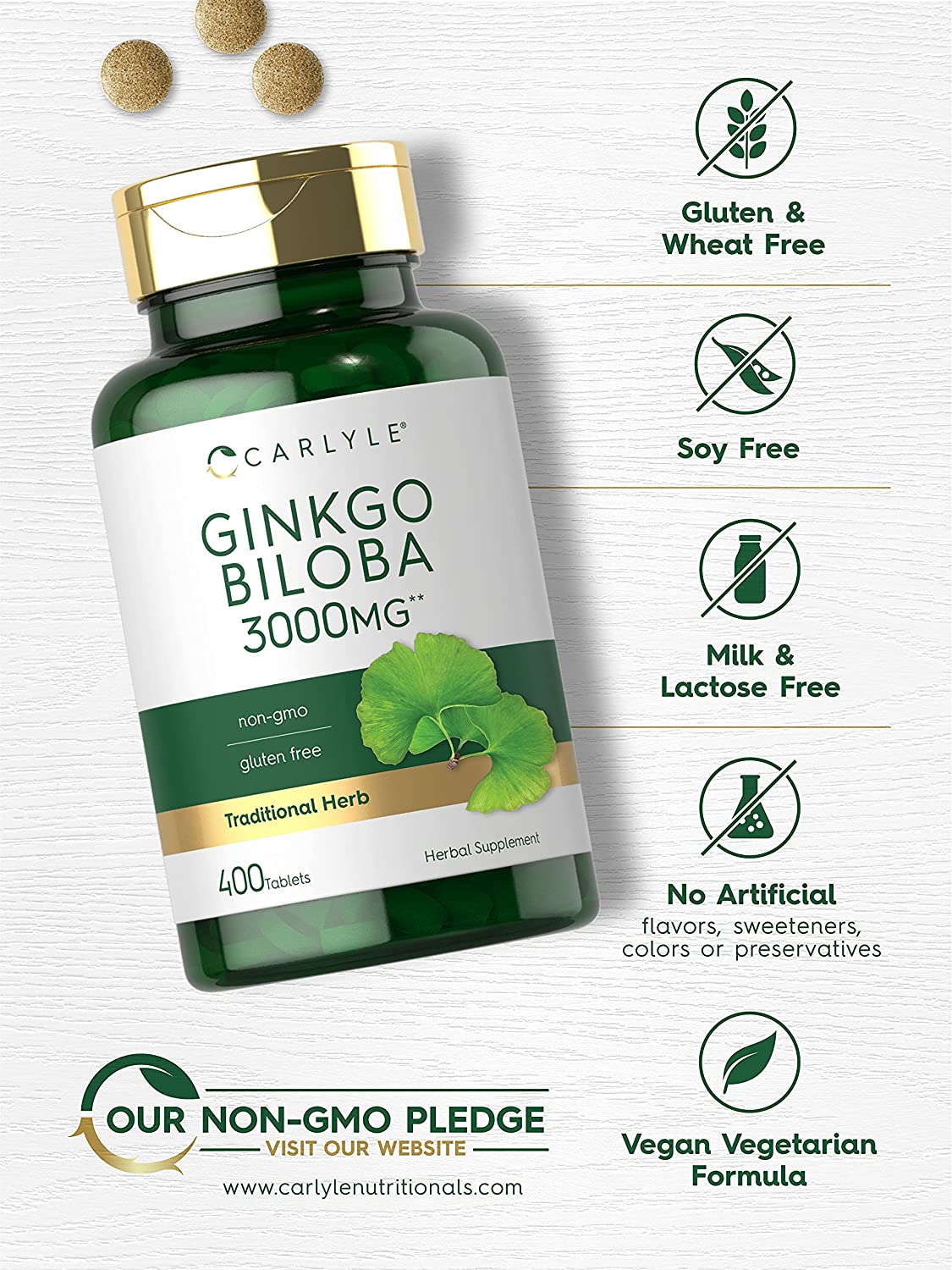 Ginkgo Biloba 3000mg | 400 Tablets | Vegetarian Supplement for Men and Women | by Carlyle