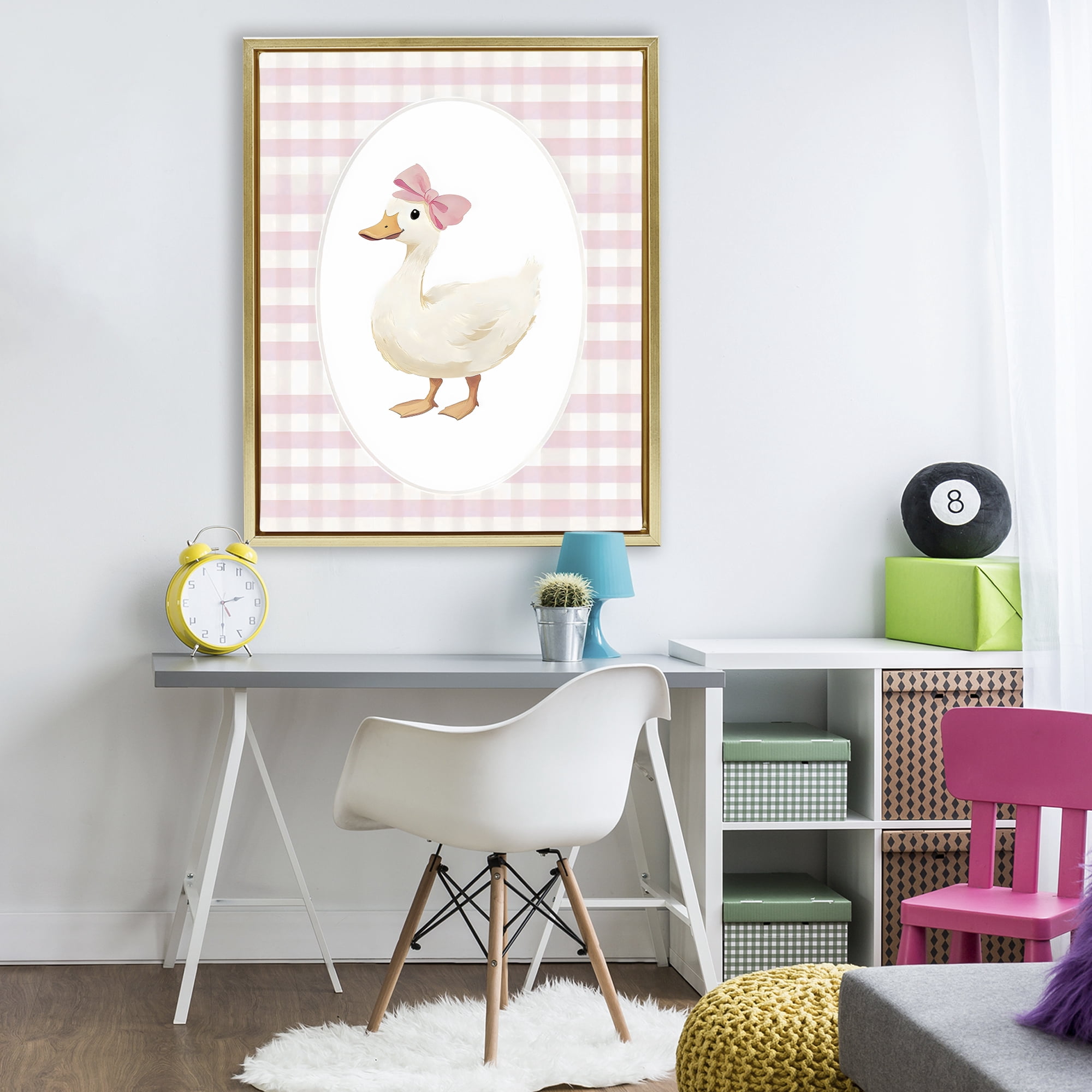 Stupell Industries Pink Gingham Duckling Gold Framed Floater Canvas Wall Art, design by Arlington Prints