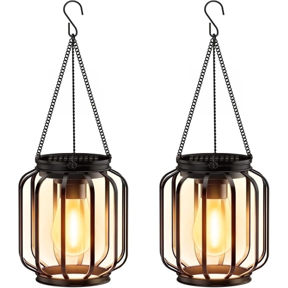 2 Pack Metal Solar Hanging Outdoor Lights with Hook, Bright - Warm Waterproof LED Lanterns for Outside, Classic Decorative Solar-Powered Light for Yard Garden Patio Porch Decor