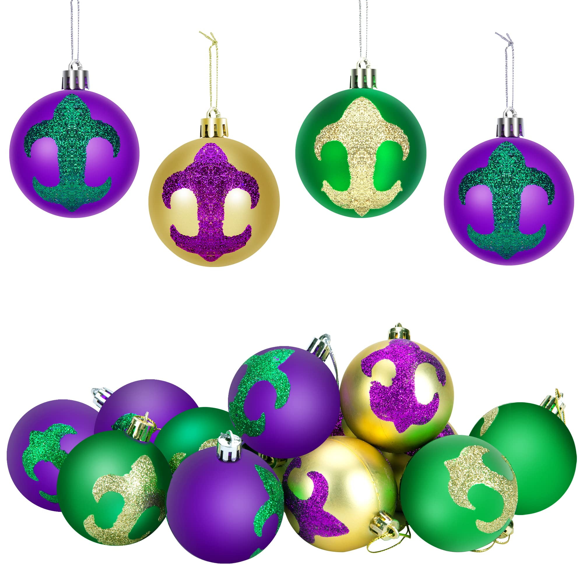 12PCS Mardi Gras Ball Ornaments - ​2.36 Glitter Purple Green Gold Home  Tree Baubles Ornaments - Mardi Gras Shatterproof Hanging Ball - Mardi Gras