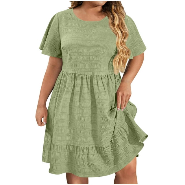 Admvng Womens Summer Dresses Plus Size Casual Solid Round Neck Ruffle Cute Short Sleeved Dress L-5XL