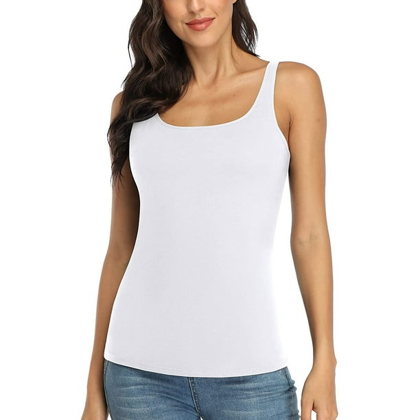 Women's Cotton Tank Top Adjustable Wide Strap Camisole with Shelf