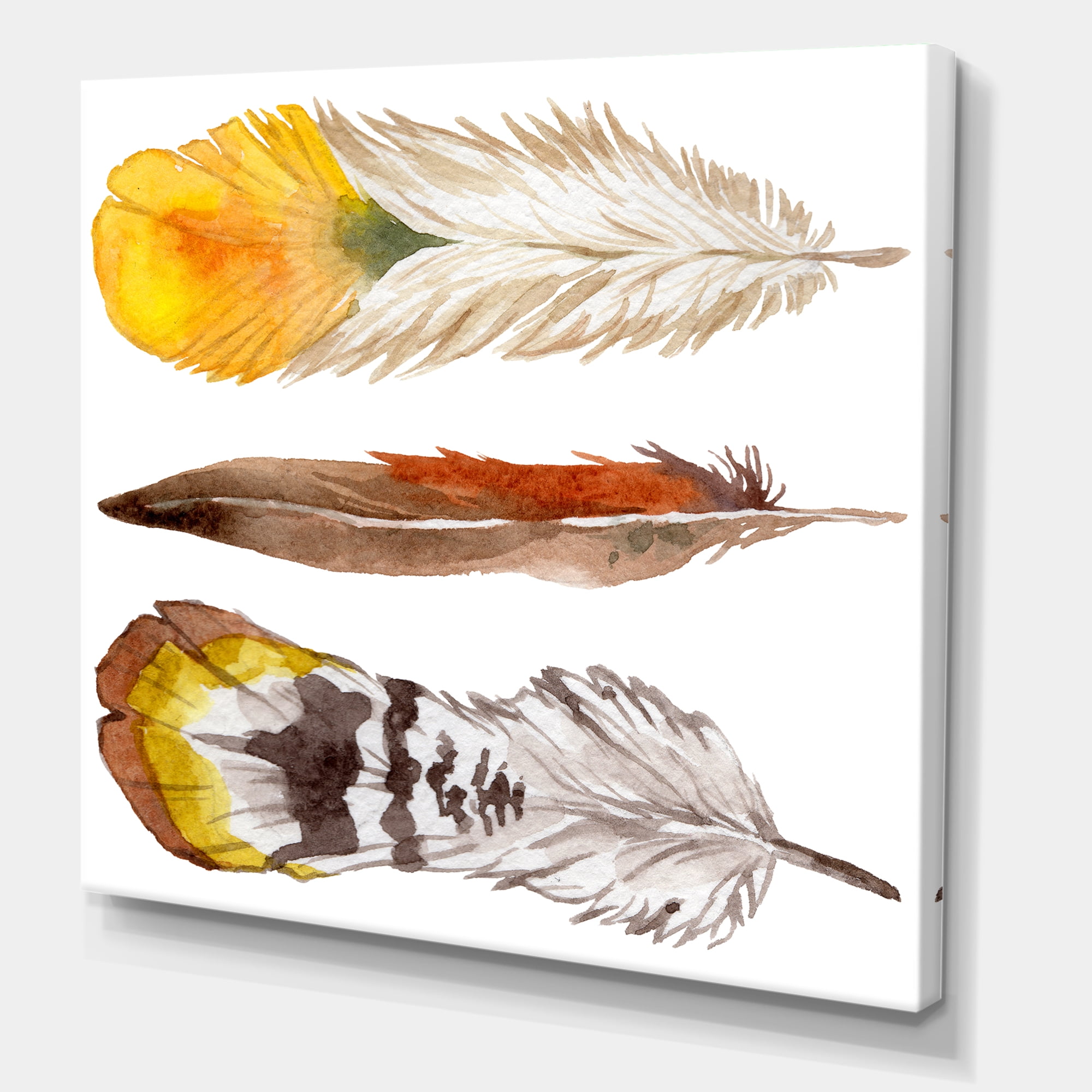 Ethnic Yellow Feather From Wing On White 30 in x 30 in Painting Canvas Art Print, by Designart