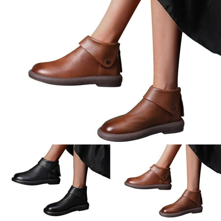 

Cathalem Open Toe Boots for Women Low Heel Womens Shoes Casual Boots Retro Style Solid Color Round Heeled Boots for Women Leather Black 6.5