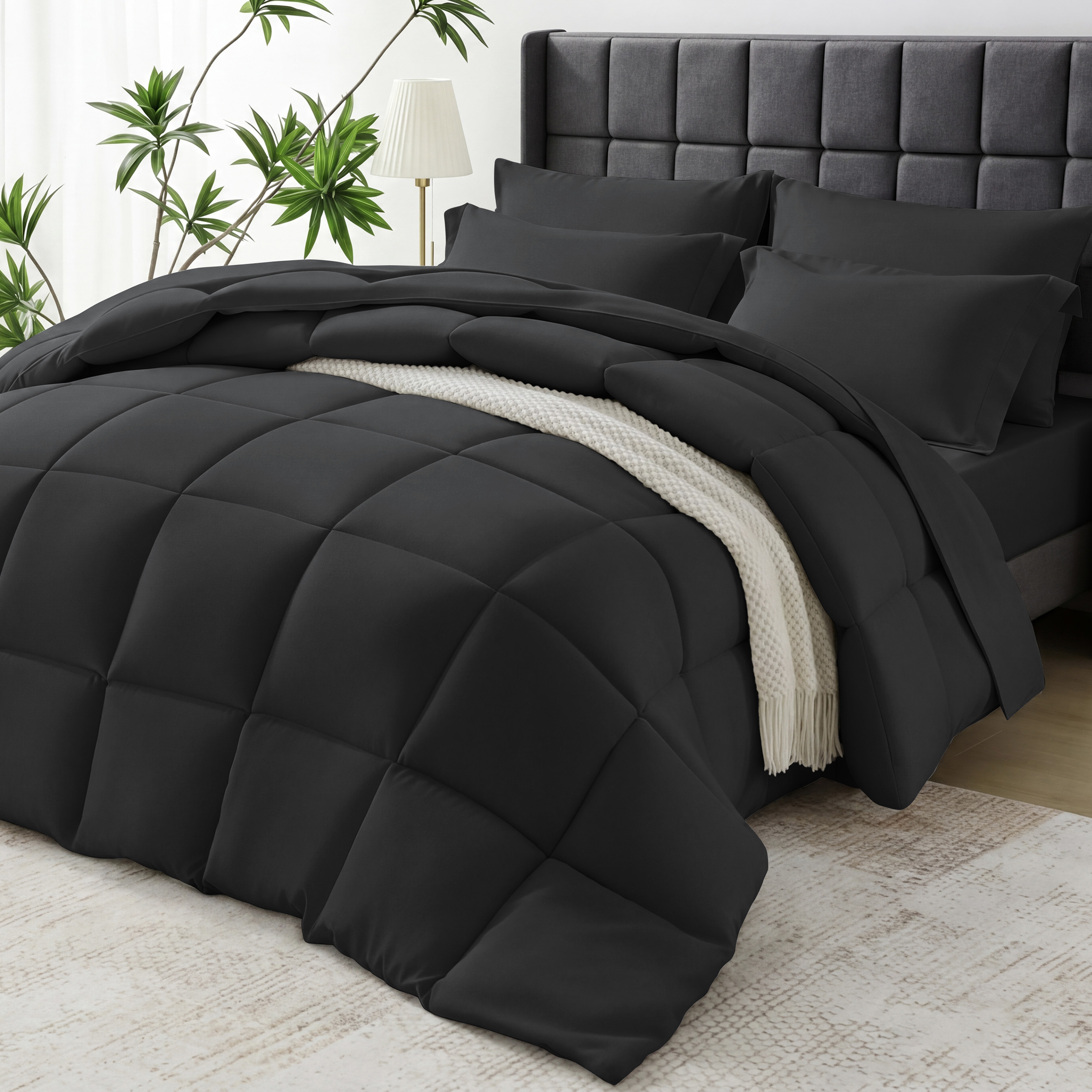 WISHEAD 7 Piece Comforter Set Queen Size, Ultra Soft Bed in a Bag, All Season Bedding Set with Comforter, Sheets, Pillowcases & Shams, Black