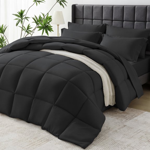 WISHEAD 7 Piece Comforter Set Queen Size, Ultra Soft Bed in a Bag, All Season Bedding Set with Comforter, Sheets, Pillowcases & Shams, Black