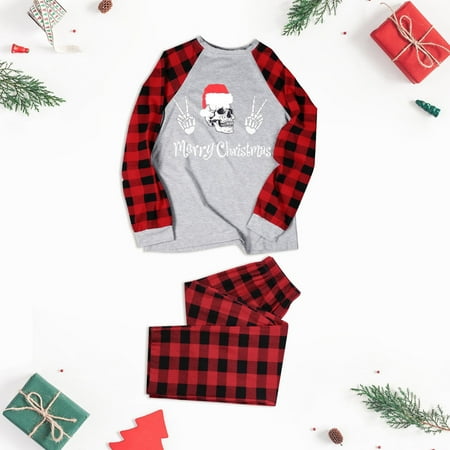 

Christmas Gifts Family Matching Christmas Pajamas Set Plaid Sleeves Cute Pattern Printing Festival for Adults & Kids Parent Child Outfit (Mom) Polyester Grey L