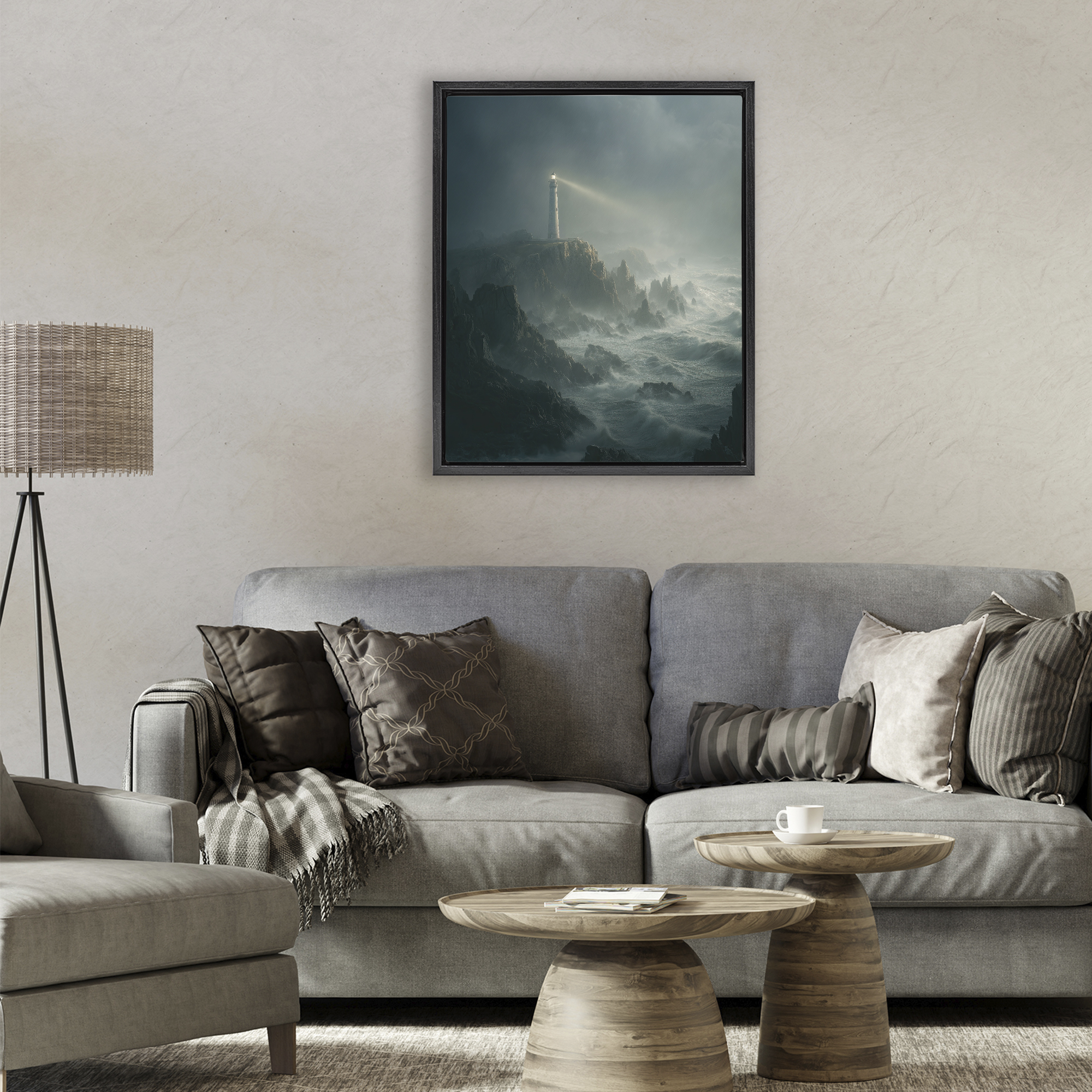 Lighthouse and Stormy Cliff Black Framed Floater Canvas Wall Art, design by Ziwei Li