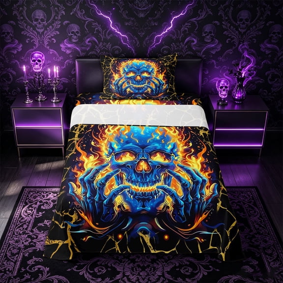 Castle Fairy Abstract Flame Skull Twin Sheets 3pcs,Happy Halloween Bedding,Orange Black,1 Fitted Sheet,1 Flat Sheet and 1 Pillowcase