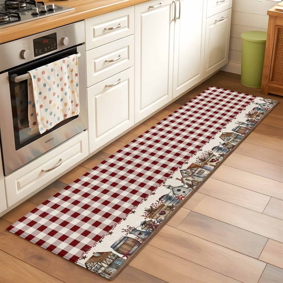 2'x6' Rug Runners for Hallways Kitchen, Farmhouse Non Slip Entryway Beside Floor Carpet Runner, American Country Star Barn Red Brown Plaid Berry Laundry Room Bedroom Throw Rugs Mat for Family Pet